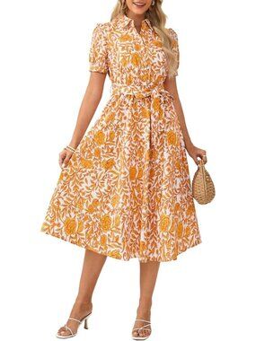 Women's Summer White Yellow Midi Dress Puff Sleeve Dress Floral with Pocket